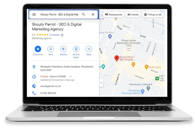 Shouty Parrot Laptop Showing a Google Business Profile