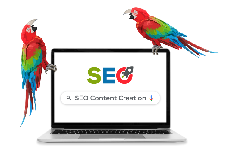 Shouty Parrot Laptop Showing an SEO Search for SEO Content Creation