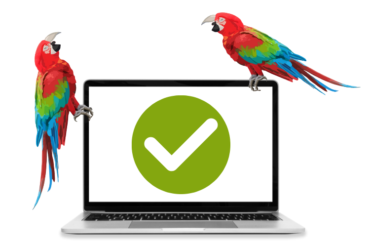 Shouty Parrot Laptop With Big Green Confirmation Tick on it